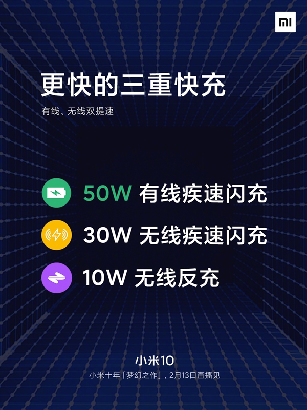 小米10三重快充公布：有线达50W